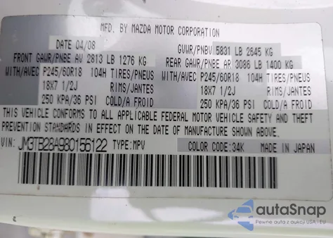 2008 Mazda Cx-9 Sport from USA, damaged, VIN JM3TB28A980156122